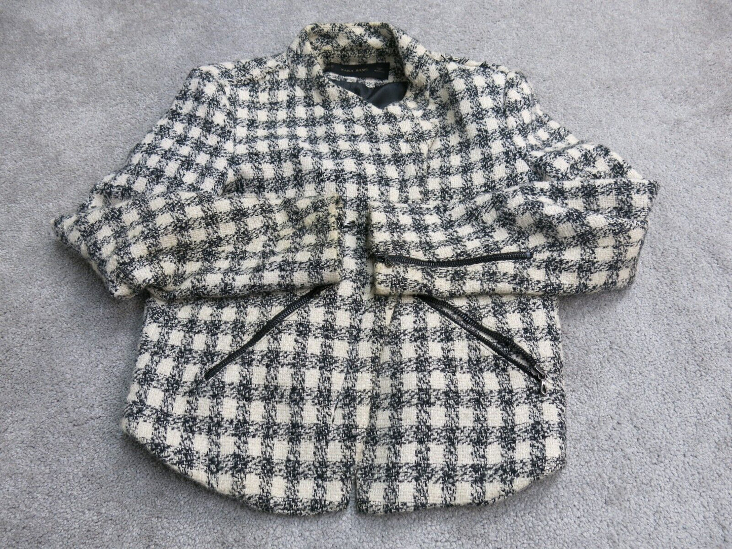 Zara Basic Womens Cropped Blazer Coat Check Long Sleeves Tweed Black White SZ XS