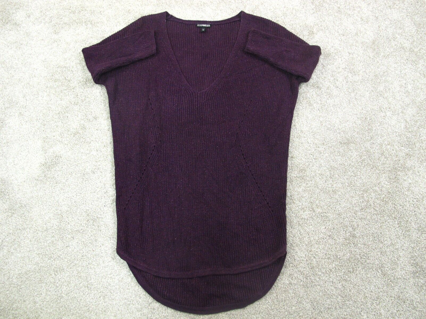 Express Womens Pullover Knitted Sweater V Neck Short Sleeve Purple Size X Small