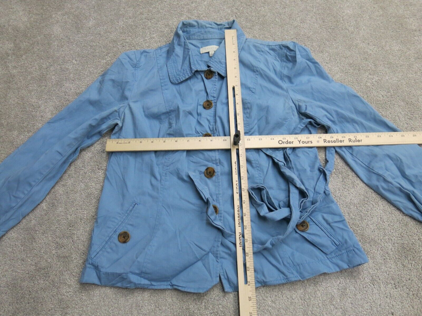 Talbots Womens Trench Coat Jacket Button Up Long Sleeve Pockets Blue Size 12