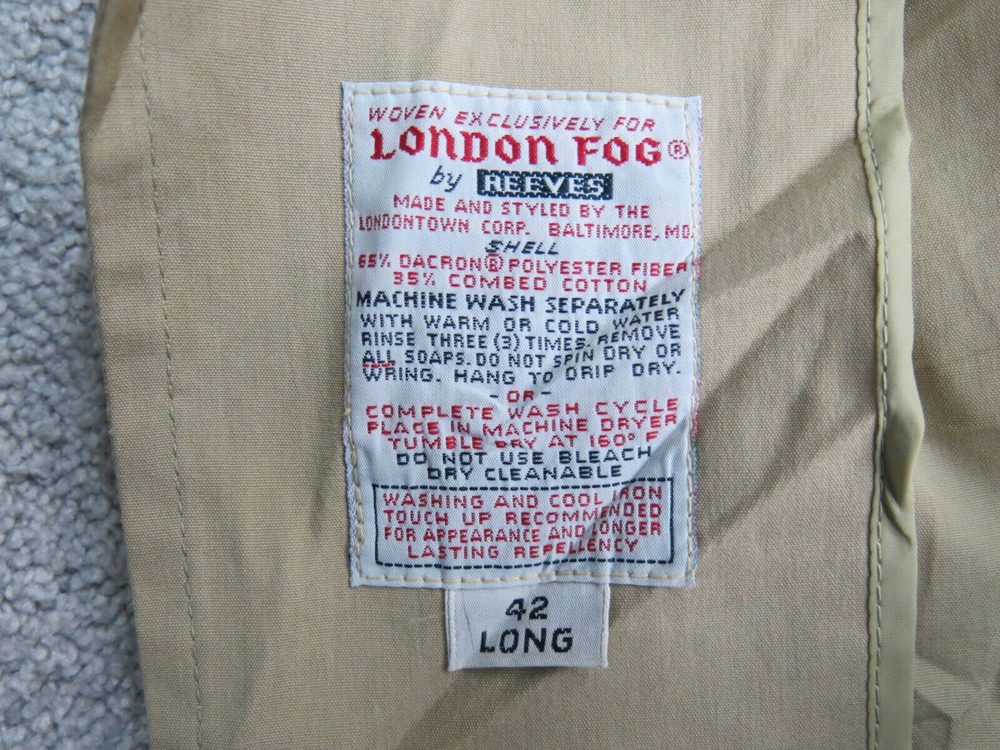 London Fog Mens Long Trench Coat Long Sleeves Pockets Beige Size 42 Long