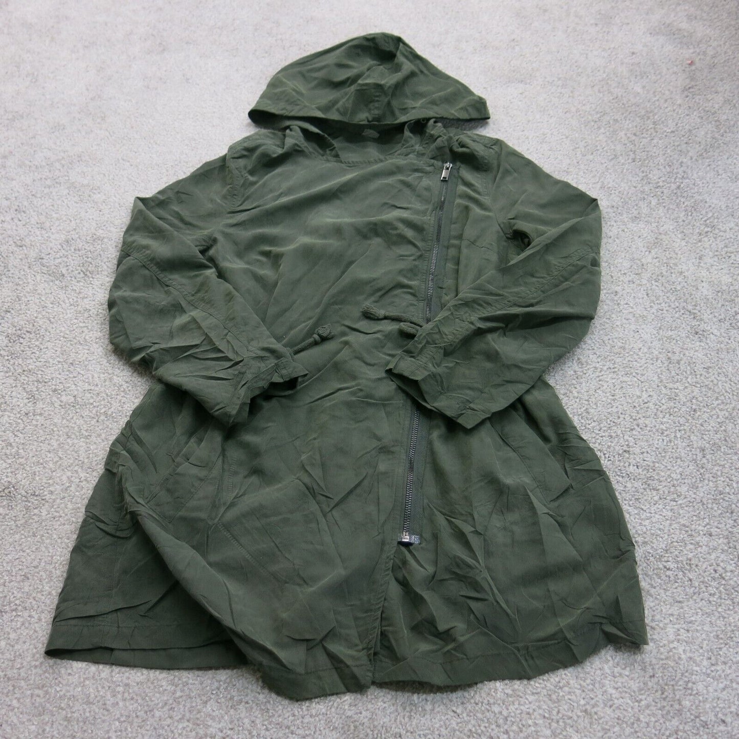 H&M Women Hooded Rain Coat Coat Full Zip Long Sleeve Pocket Olive Green Size 8