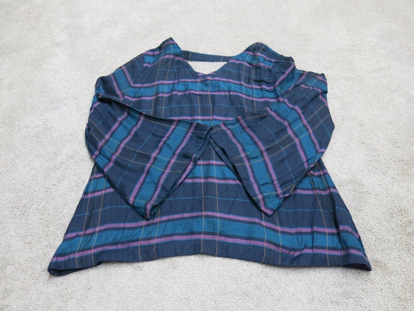 Loft Womens Blouse Top Bell Sleeves V Neck Plaid Pink Blue Size Medium