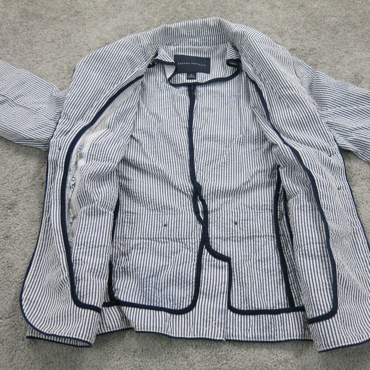 Banana Republic Womens Striped Blazer Coat Single Breasted Pockets Blue White 4