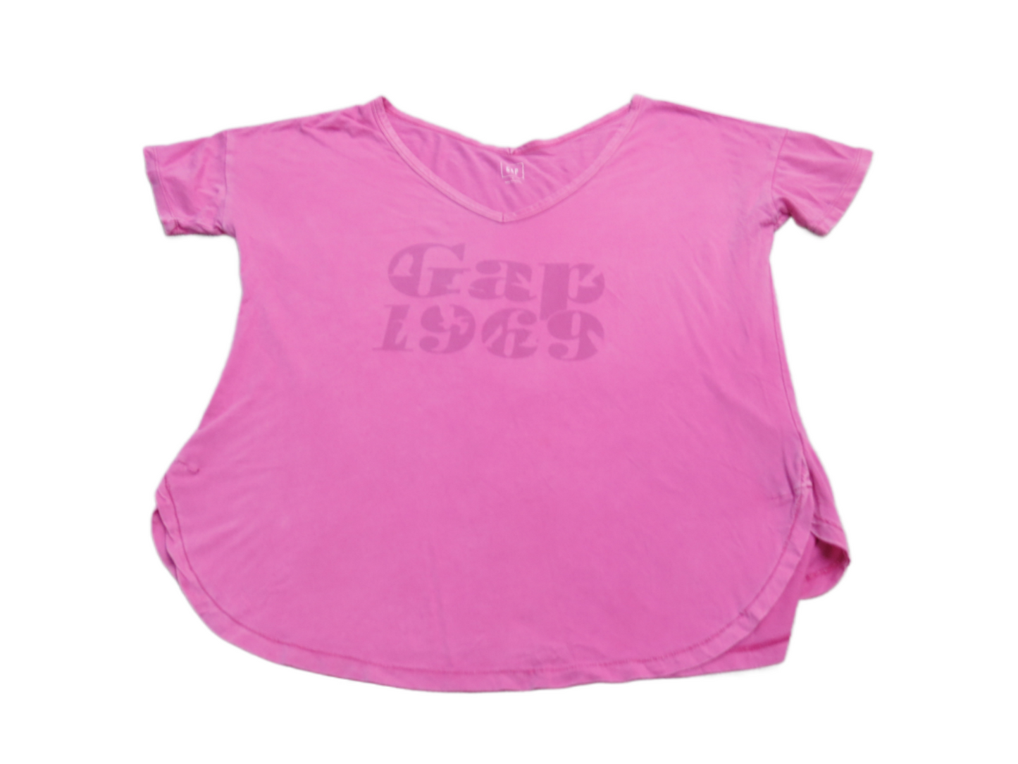 Gap Womens Blouse Short Sleeves V Neck Side Slit Graphic Tee Pink Size Large