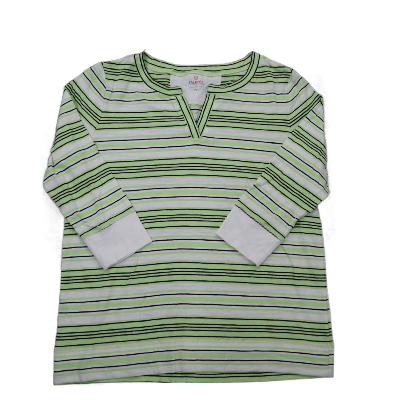 Talbots Women Blouse Top V Neck Long Sleeve Striped Green White Size Medium