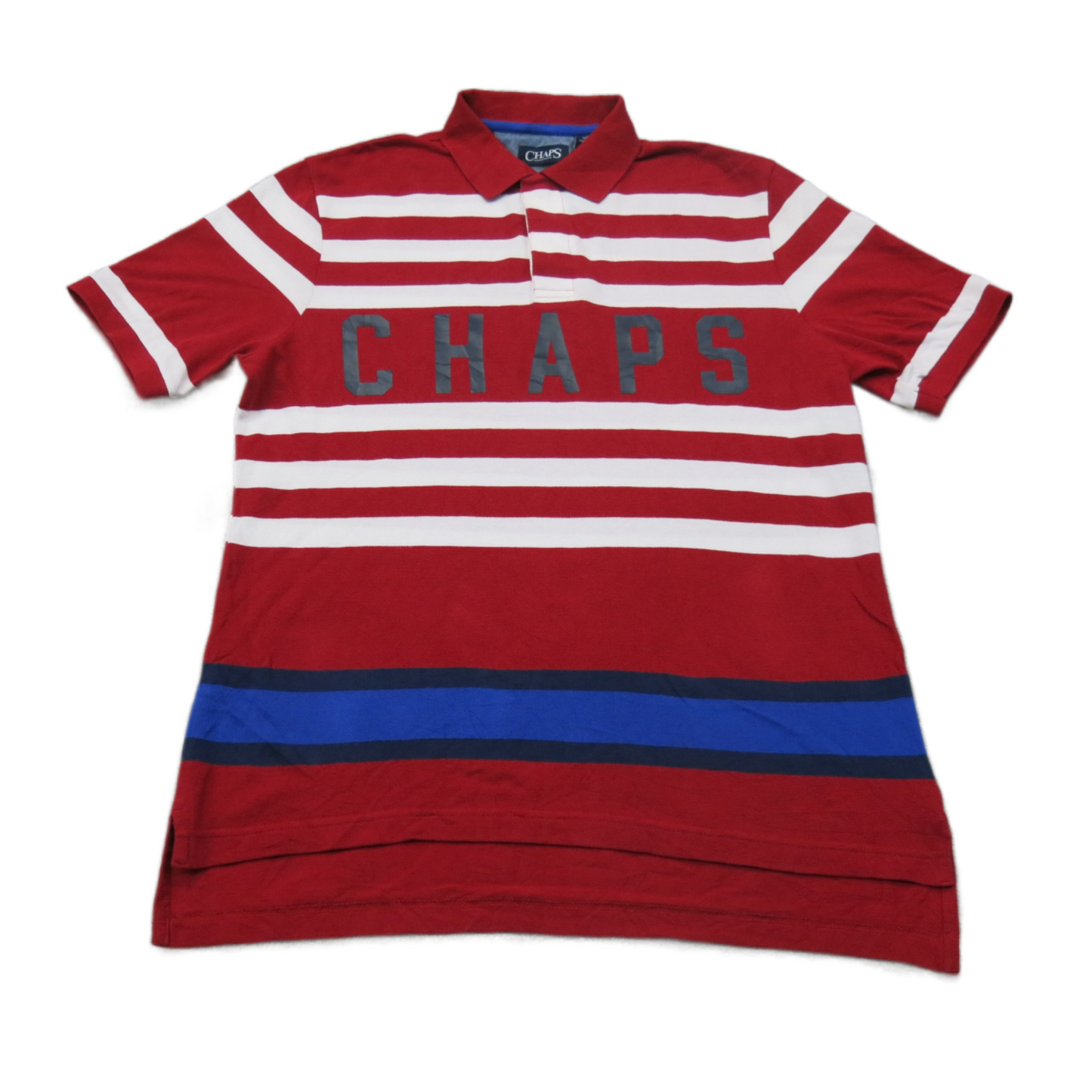 Chaps Mens Polo Shirt Short Sleeves Striped 100% Cotton Red Blue Size Medium