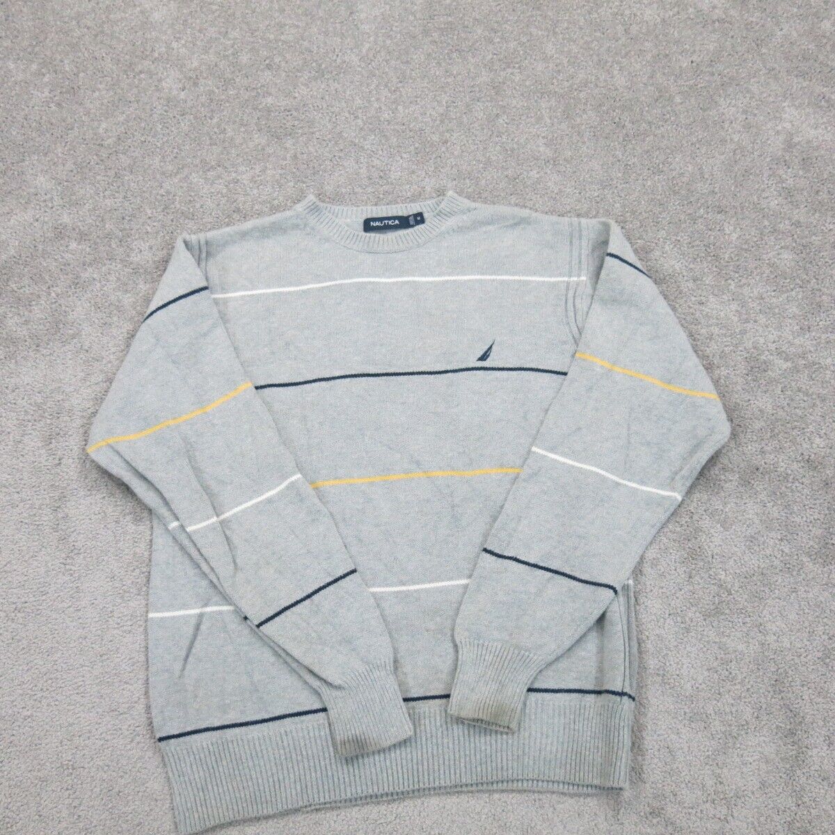 Nautica Mens Striped Pullover Sweater Long Sleeve 100% Cotton Gray Size Medium