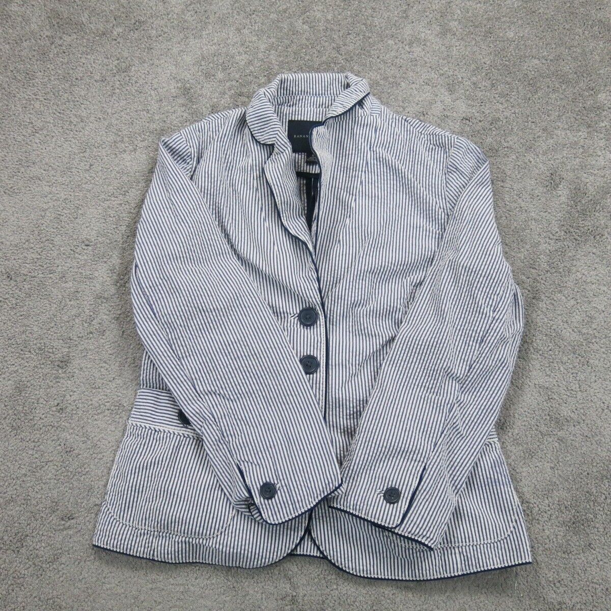 Banana Republic Womens Striped Blazer Coat Single Breasted Pockets Blue White 4