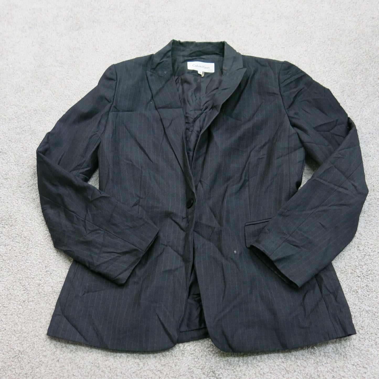 Calvin Klein Womens Blazer Coat Single Breasted Long Sleeves Pocket Black Size 6