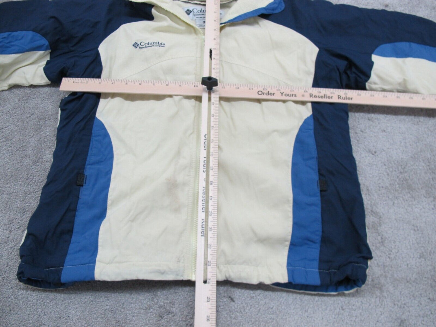 Columbia Women Windbreaker Hooded Jacket Full Zip Up Long Sleeve Ivory Blue SZ L