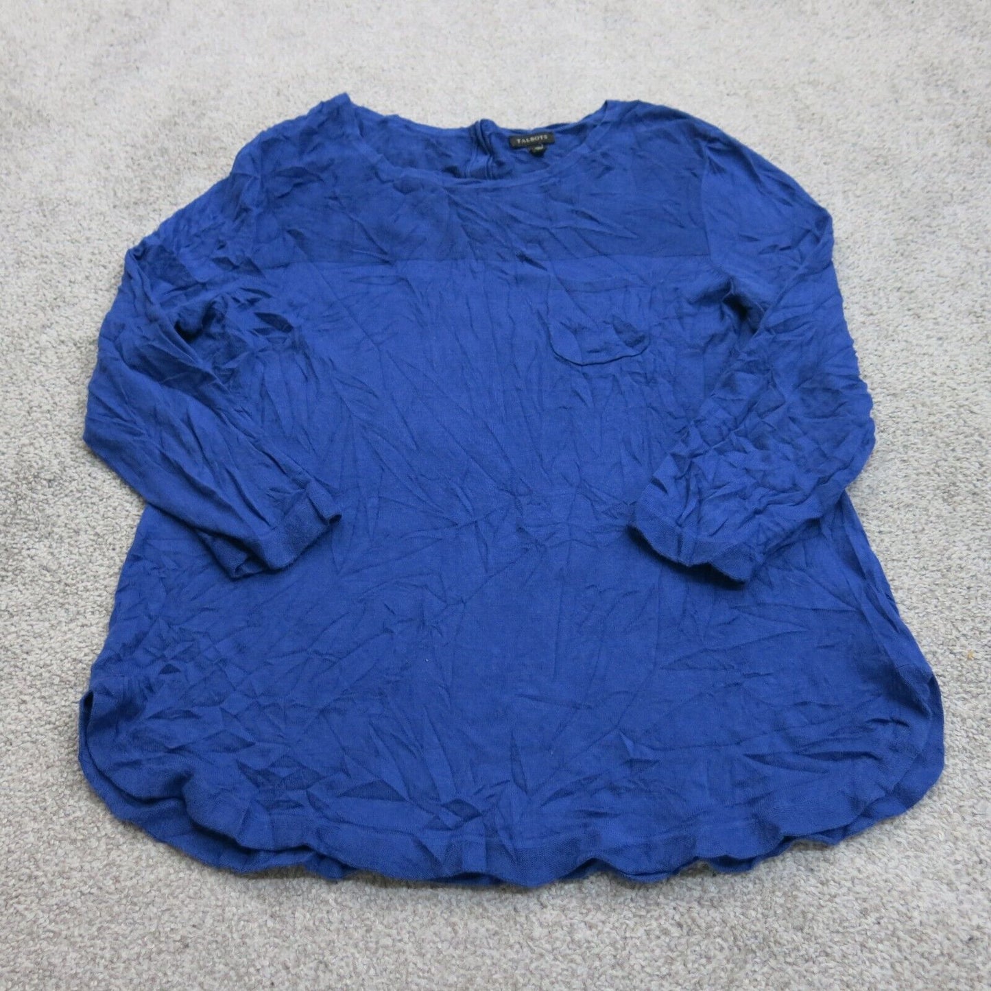 Talbots Womens Pullover Sweater Round Neck Pocket Round Hem Navy Blue Size Large