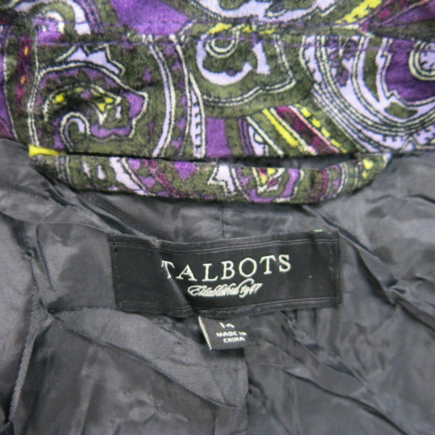 Talbots Womens Paisley Print Single Breasted Blazer Coat Purple Black Size 14
