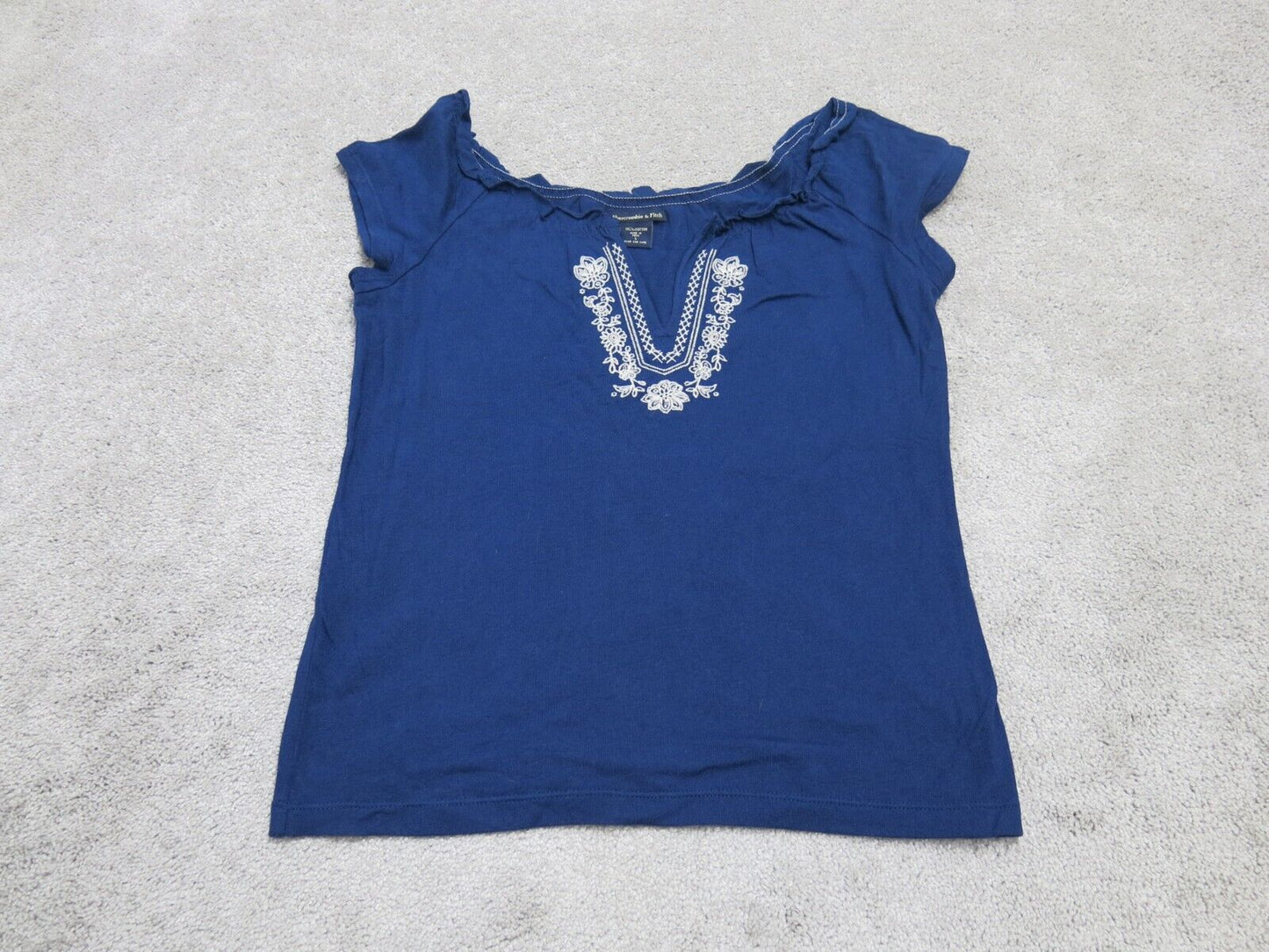 Abercrombie & Fitch Womens Blouse Top Cap Sleeve V Neck 100% Cotton Blue Large