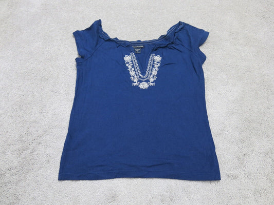 Abercrombie & Fitch Womens Blouse Top Cap Sleeve V Neck 100% Cotton Blue Large