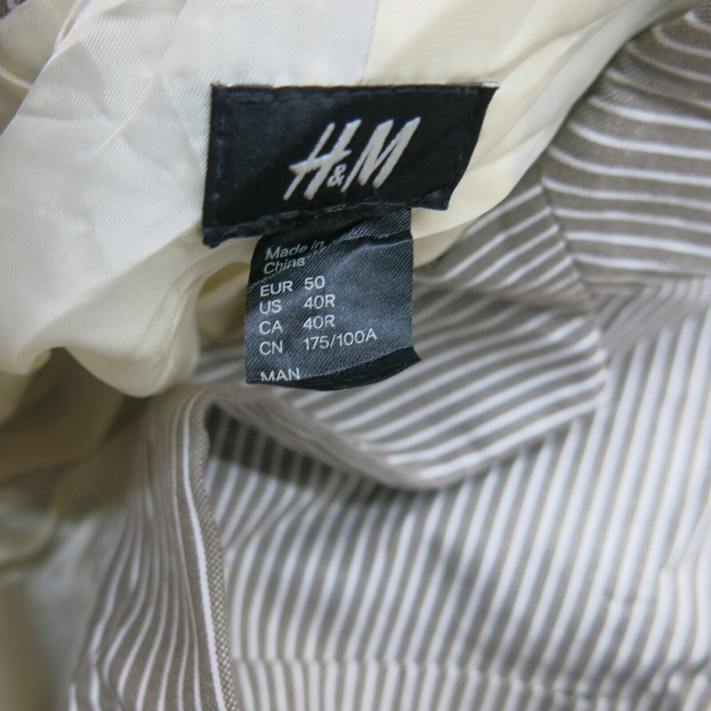 H&M Mens Striped Blazer Coat Single Breasted Long Sleeves White Gray Size 40 Reg