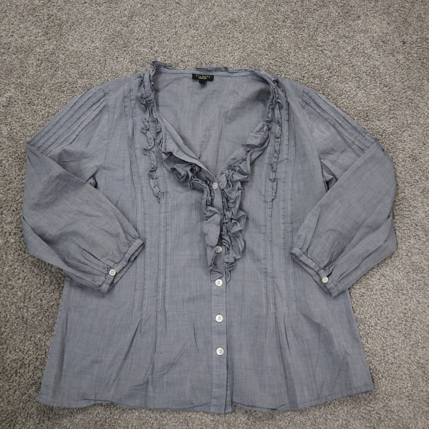 Talbots Womens Button Up Ruffle Blouse Top Round Neck 3/4 Sleeves Gray Size 6