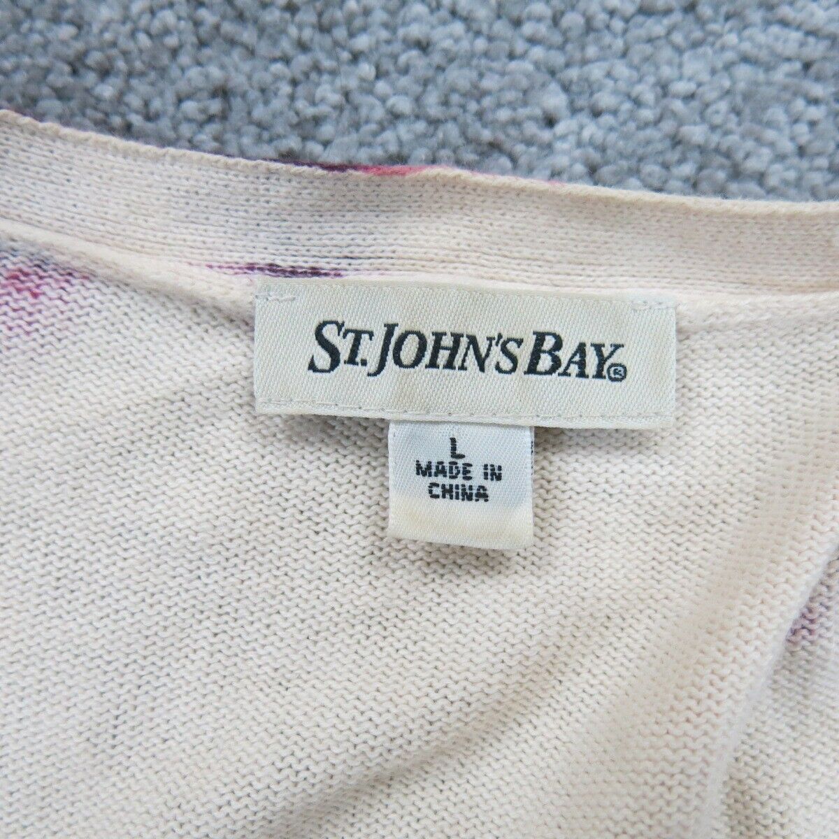 ST Johns Bay Womens Cardigan Sweater Front Button Floral White Red Size Large