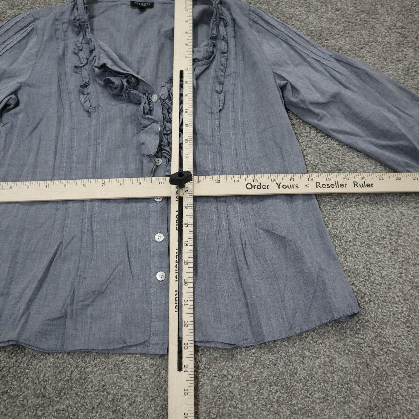 Talbots Womens Button Up Ruffle Blouse Top Round Neck 3/4 Sleeves Gray Size 6