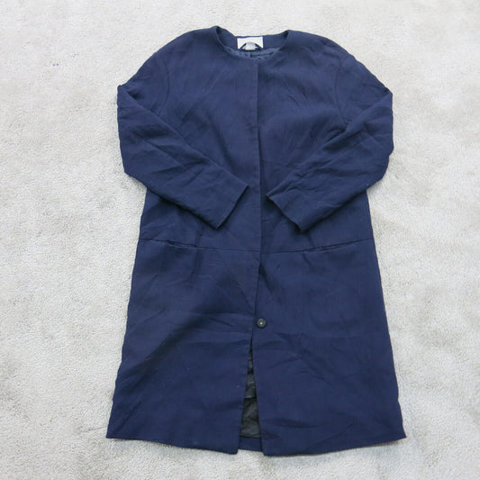 H&M Womens Long Overcoat 3/4 Sleeve Crew Neck Pockets Solid Blue Size 4
