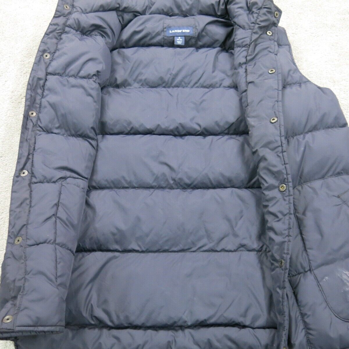 Lands End Mens Puffer Vest Jacket Mock Neck Pockets Front Button Blue Size Small