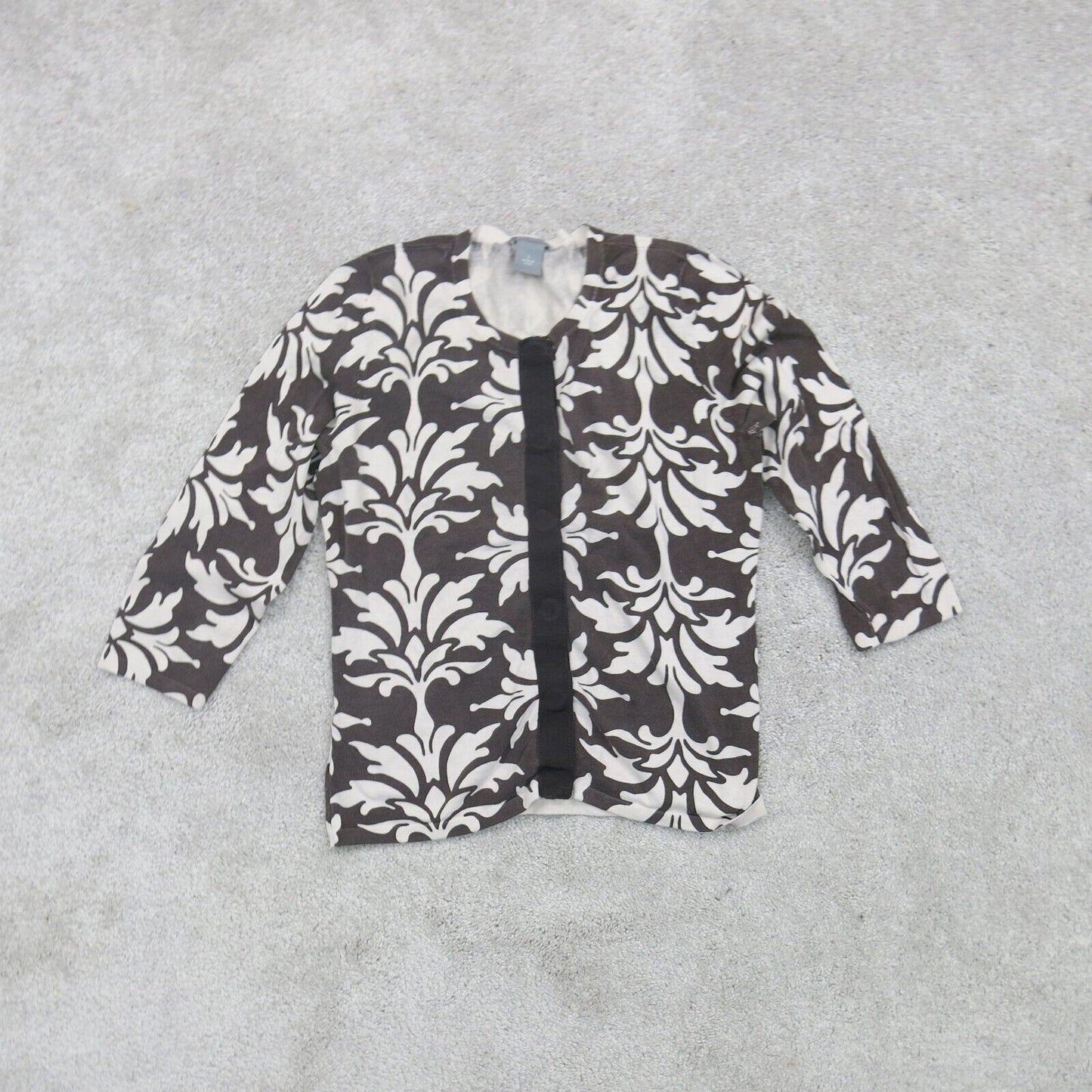 Ann Taylor Womens Knitted Cardigan 3/4 Sleeves Floral White Black Size Small