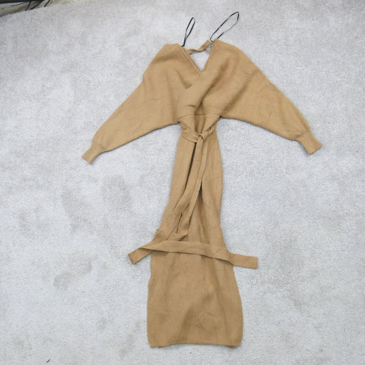 Forever 21 Women Knitted Kaftan Robe Tie Waist Long Sleeve Brown Size Medium