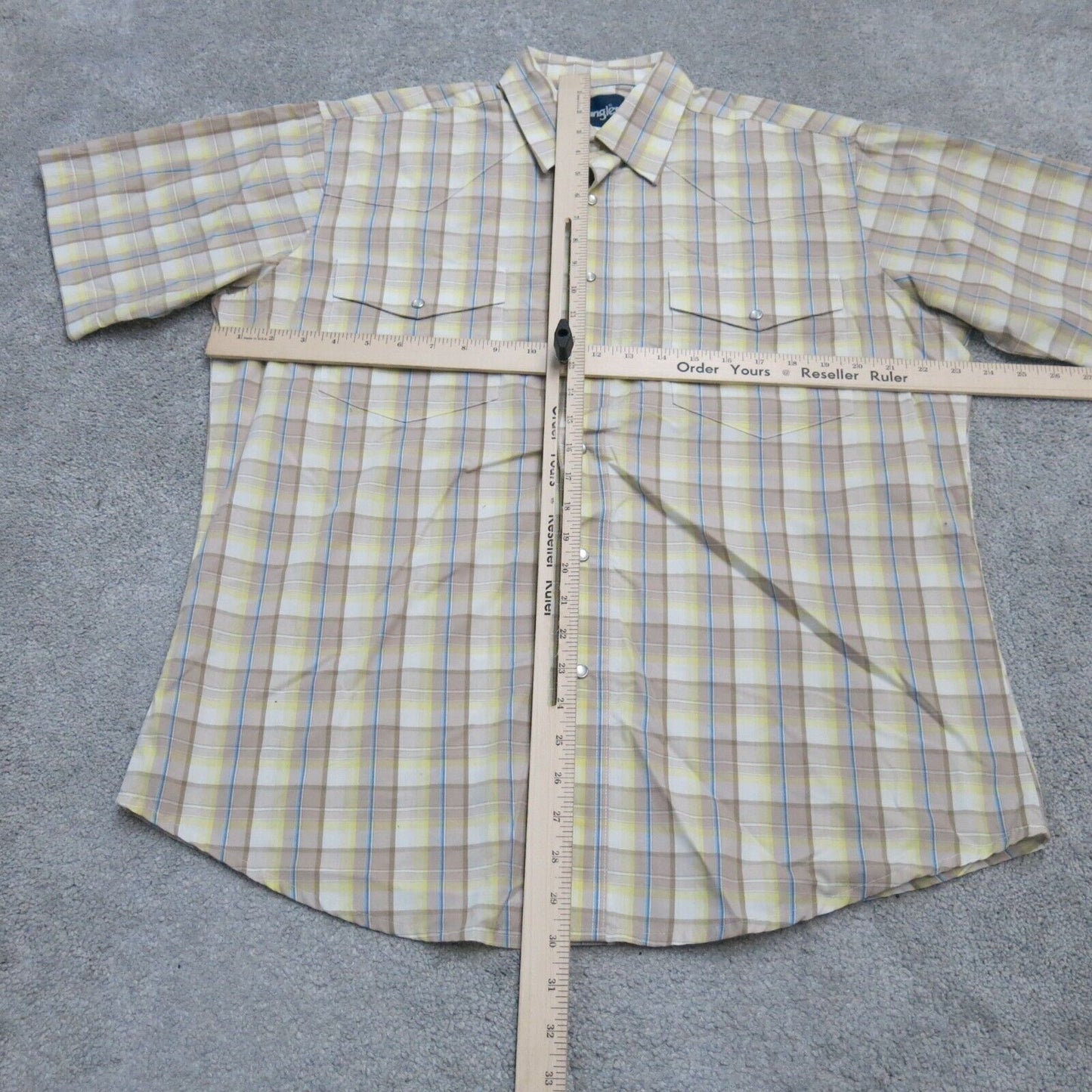 Wrangler Mens Snap Button Shirt Check 100% Cotton Beige Ivory Yellow SZ Large