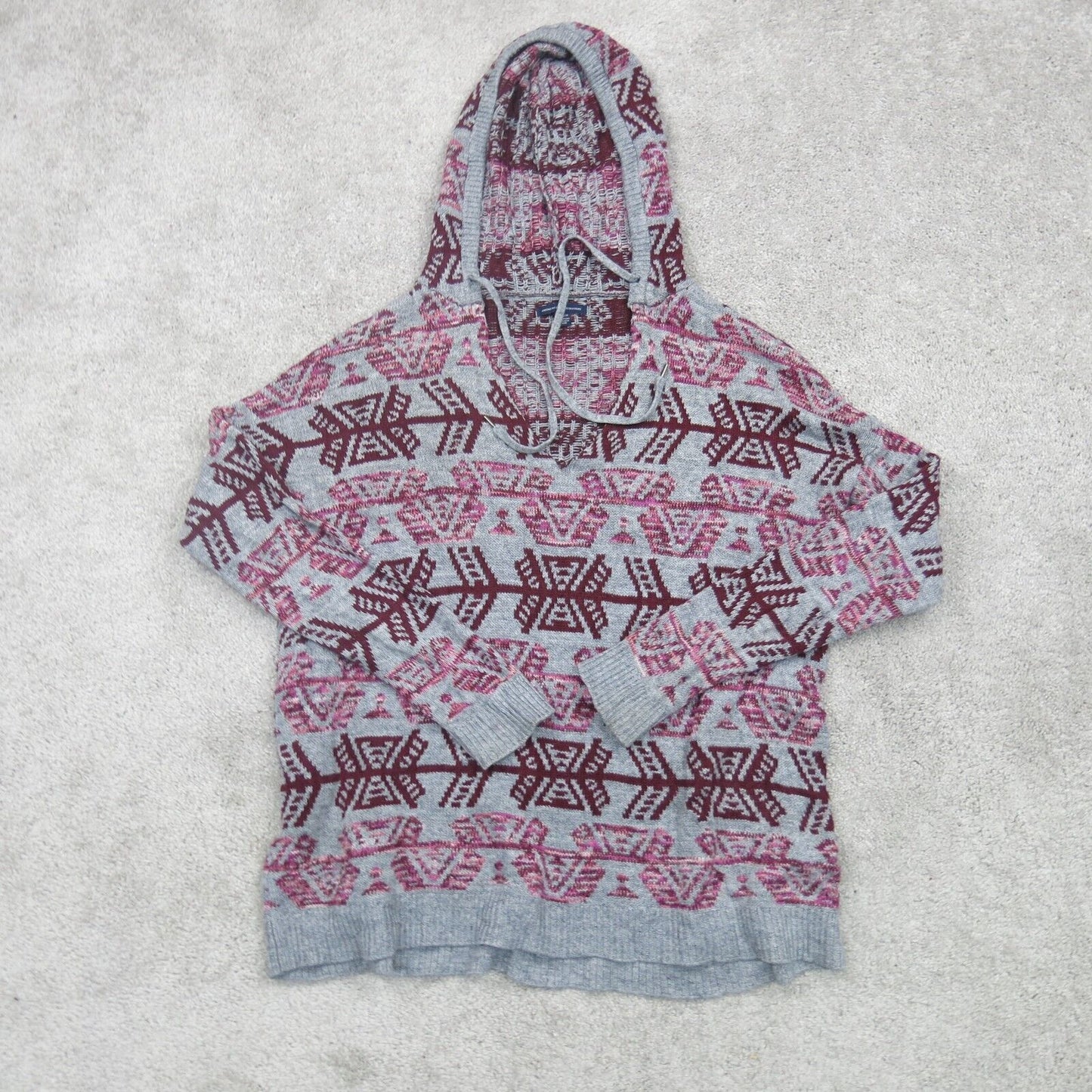 American Eagle Womens Hoodie Sweater Long Sleeves Geometric Gray Red Size Medium