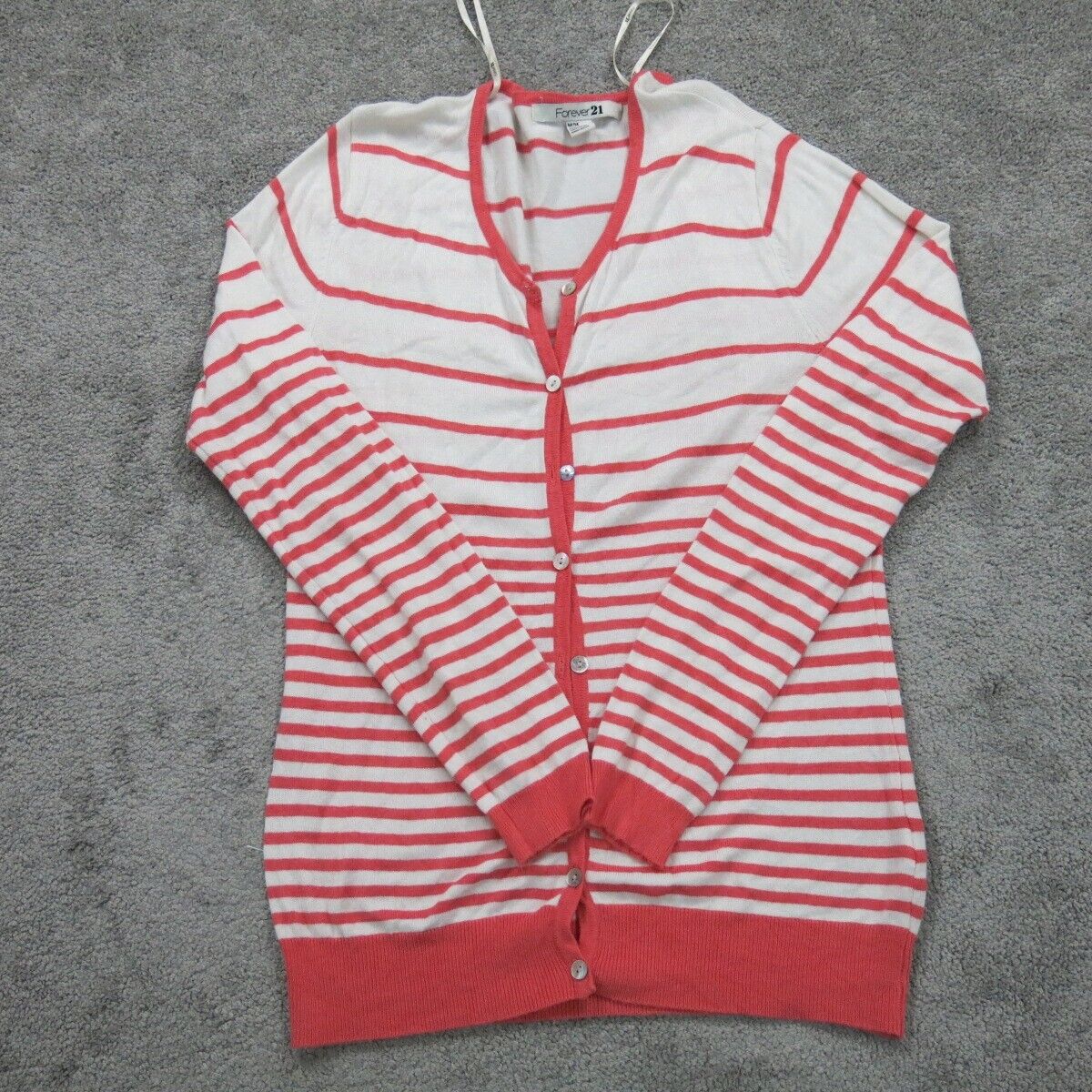 Forever 21 Womens Cardigan Sweater Striped Long Sleeve White Pink Size Medium