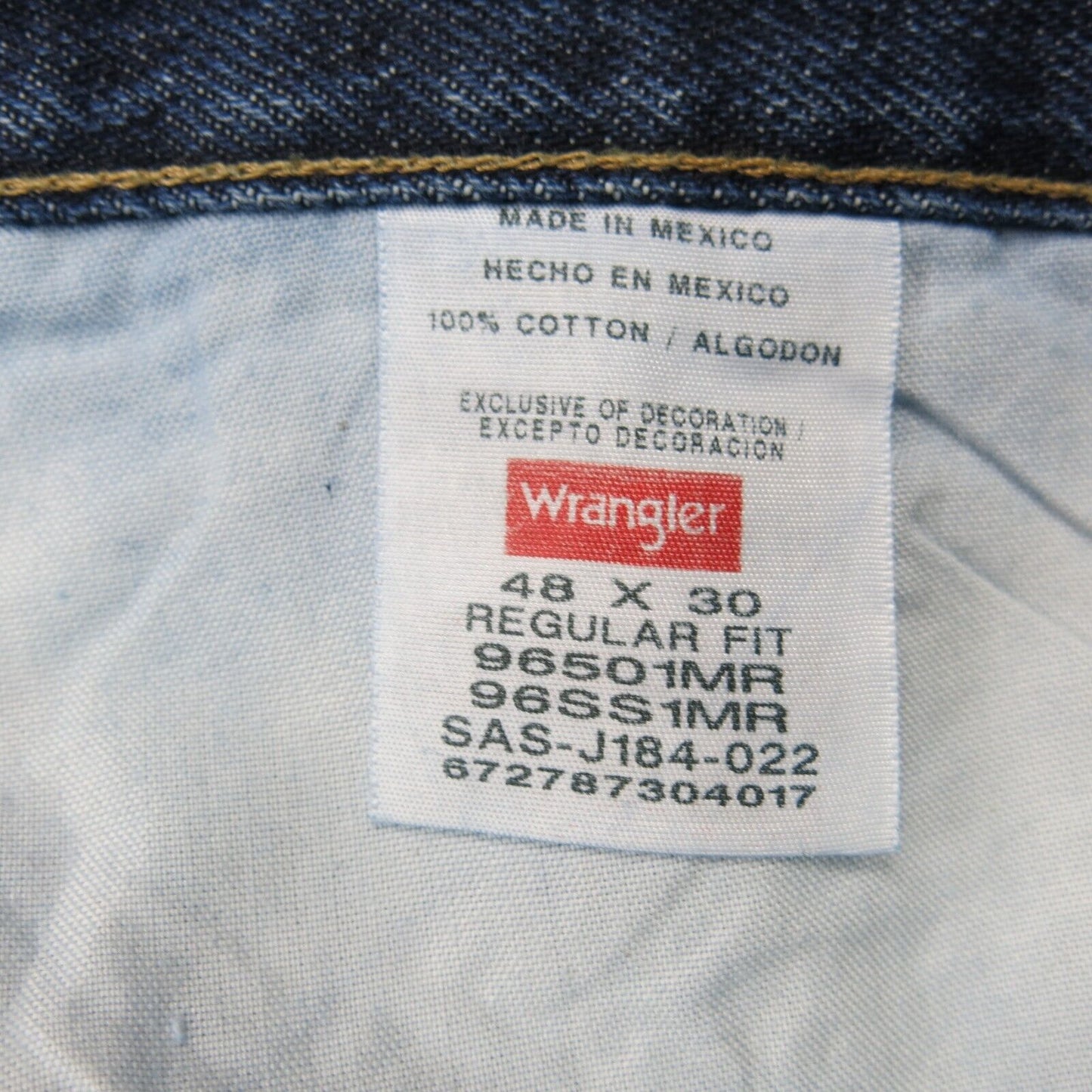 Wrangler Mens Jeans Straight Leg High Rise 100% Cotton Pockets Blue Size W48XL30