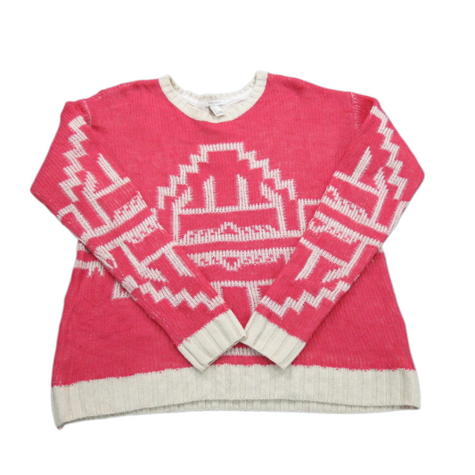 Forever 21 Womens Pullover Sweater Geometric Crew Neck Cotton Red White Large