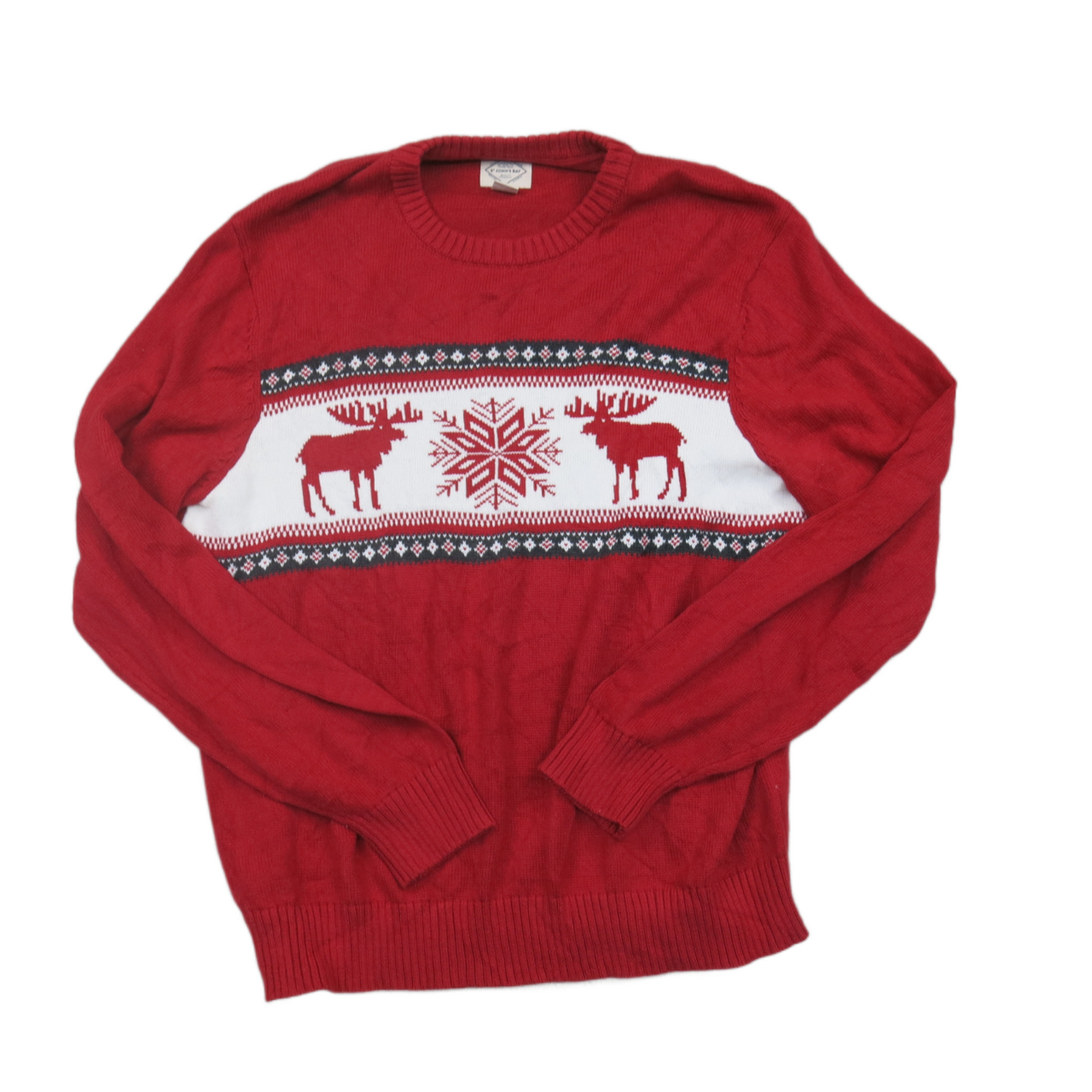 St Johns Bay Mens Pullover Sweater Reindeer Long Sleeves Crew Neck Red Size XL