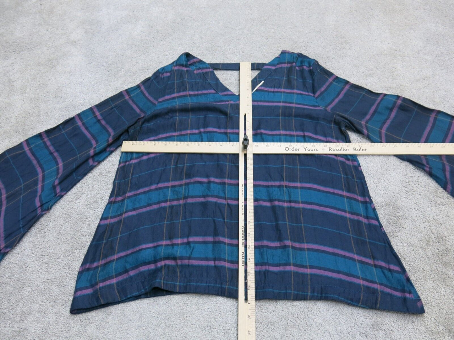 Loft Womens Blouse Top Bell Sleeves V Neck Plaid Pink Blue Size Medium