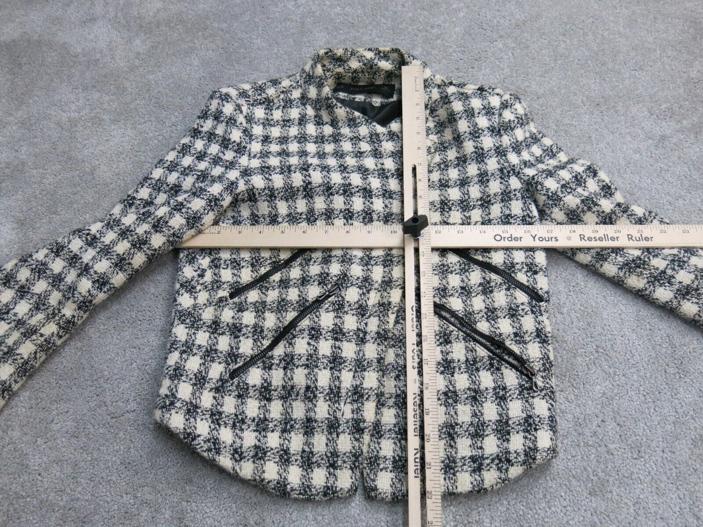Zara Basic Womens Cropped Blazer Coat Check Long Sleeves Tweed Black White SZ XS