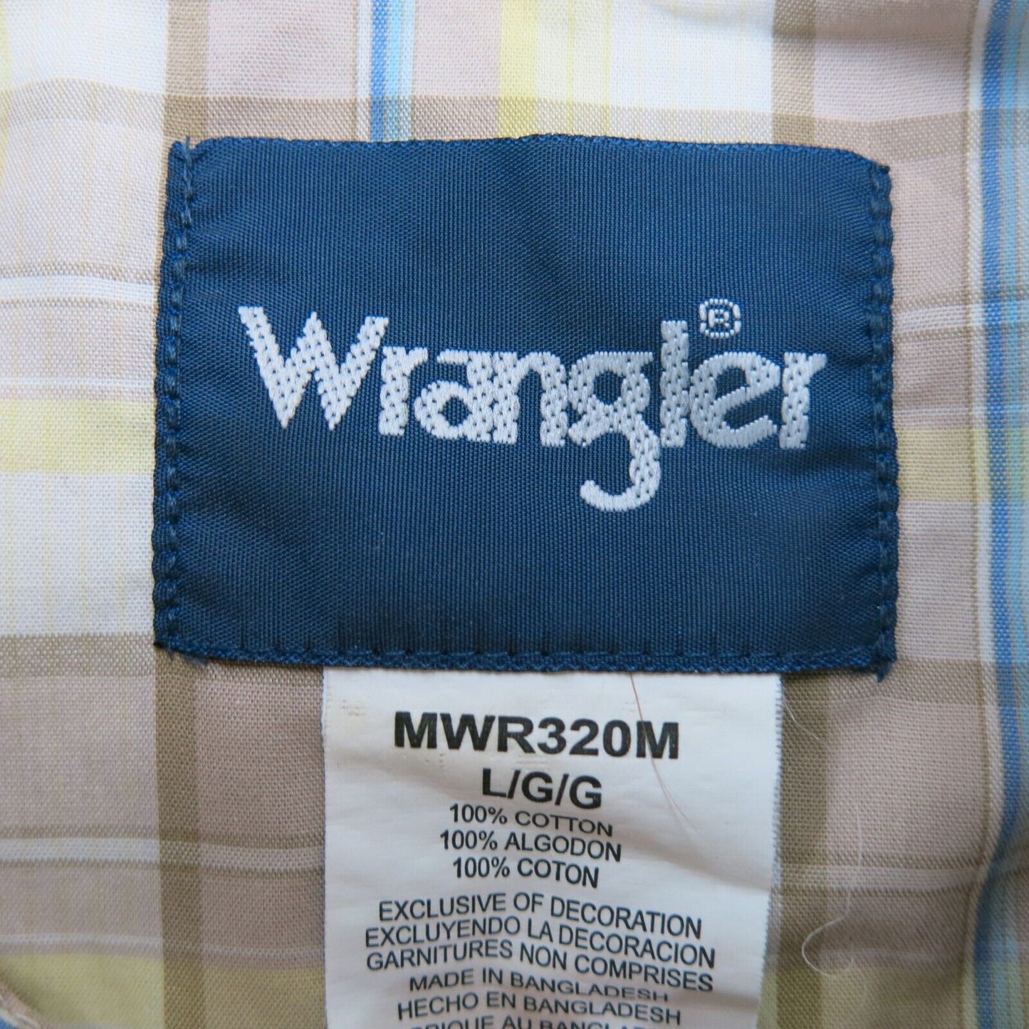 Wrangler Mens Snap Button Shirt Check 100% Cotton Beige Ivory Yellow SZ Large