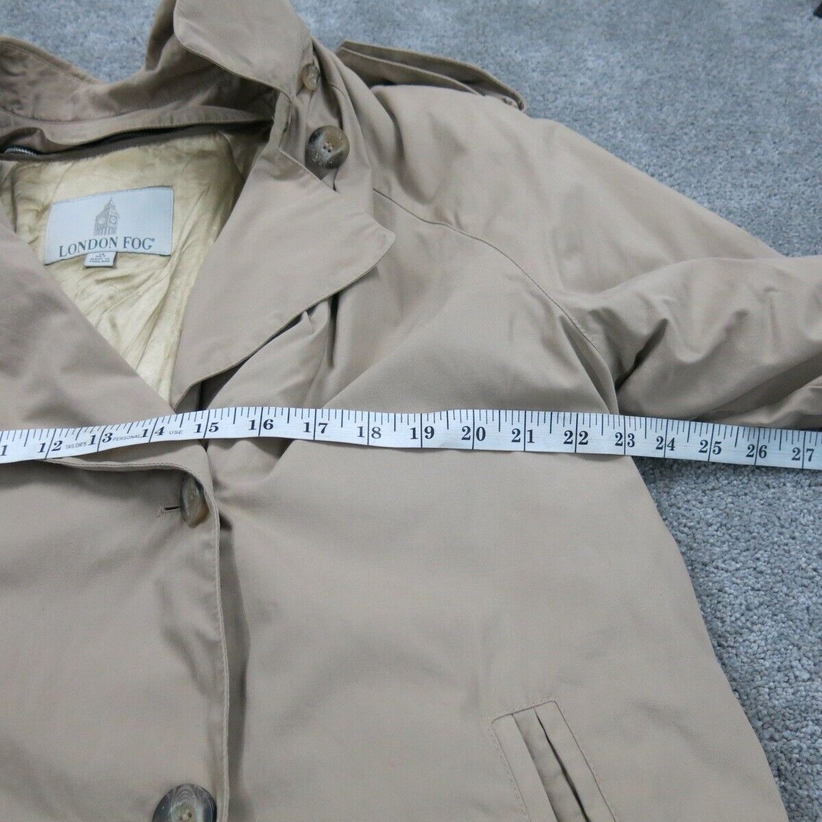 London Fog Mens Trench Coat Double Breasted 3/4 Sleeve Pockets Beige Size 14 Pet