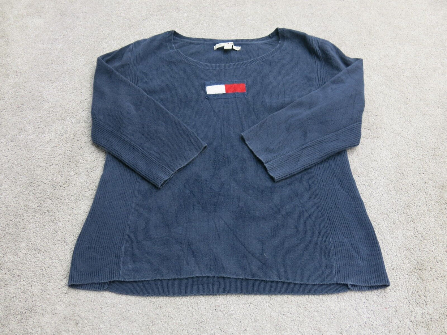 Tommy Hilfiger Women Pullover Sweater Knitted Round Neck 3/4 Sleeve Blue SZ XL