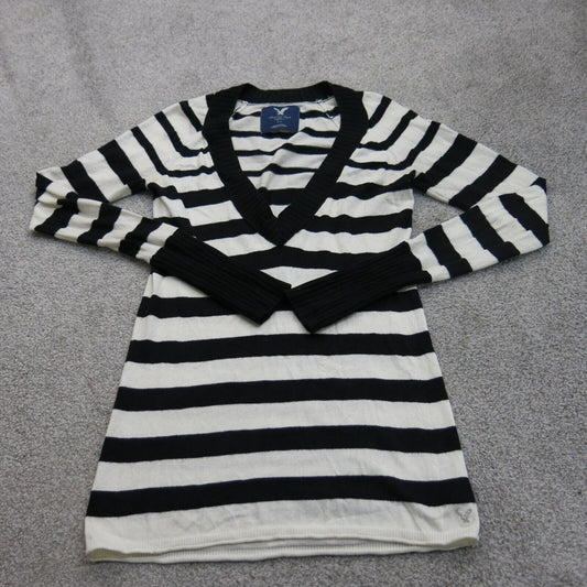 American Eagle Womens Pullover Sweater V Neck Striped White Black Size Medium