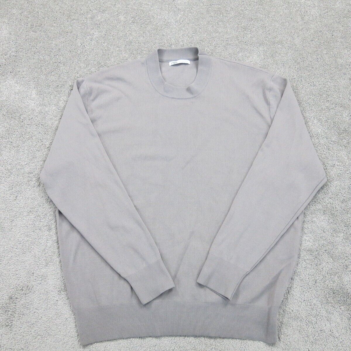 Zara Mens Pullover Crew Neck Sweater  Knitted Long Sleeve Slate Gray Size Medium