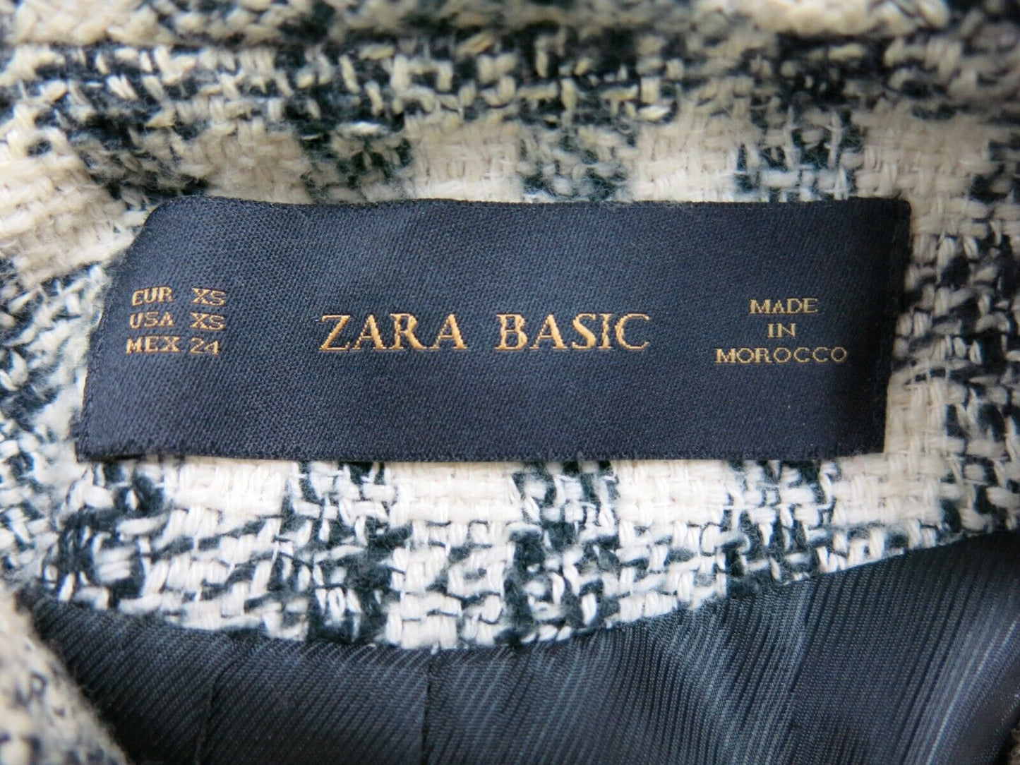Zara Basic Womens Cropped Blazer Coat Check Long Sleeves Tweed Black White SZ XS