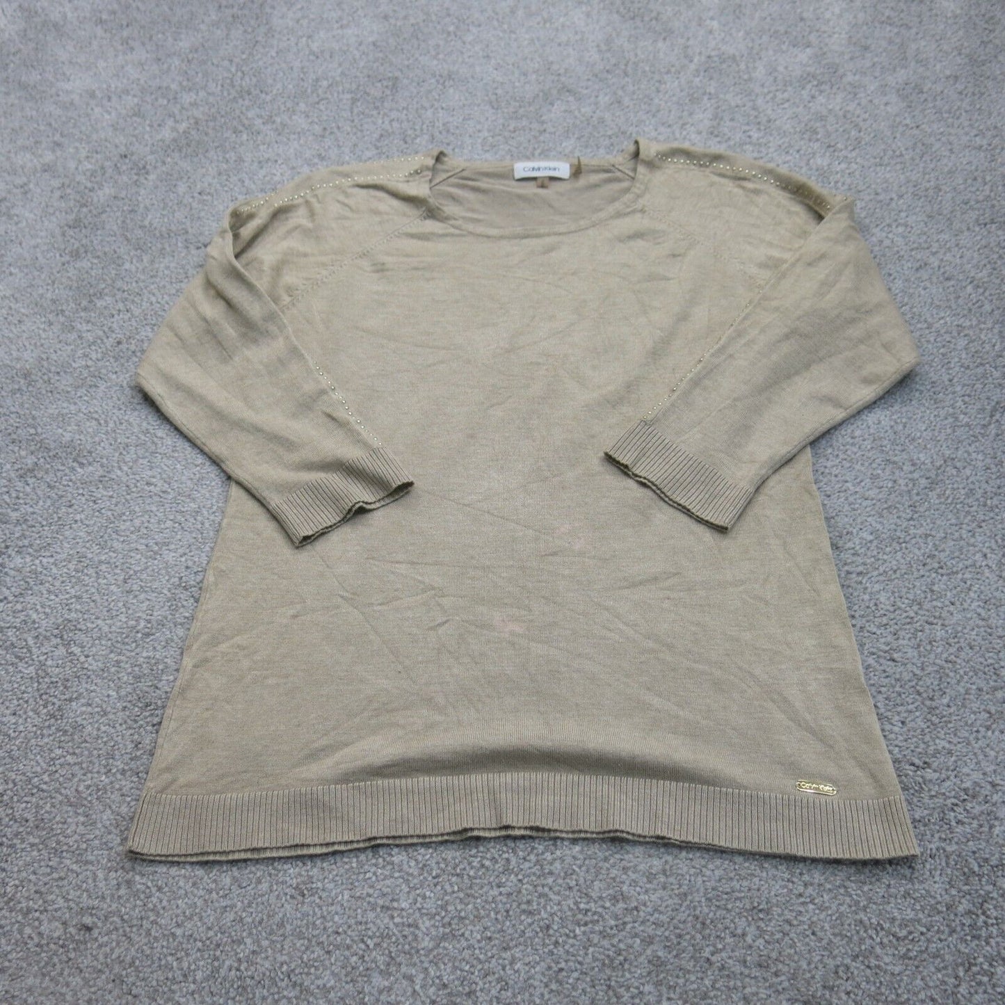 Calvin Klein Womens Knitted Sweater Round Neck Long Sleeves Beige Size Medium