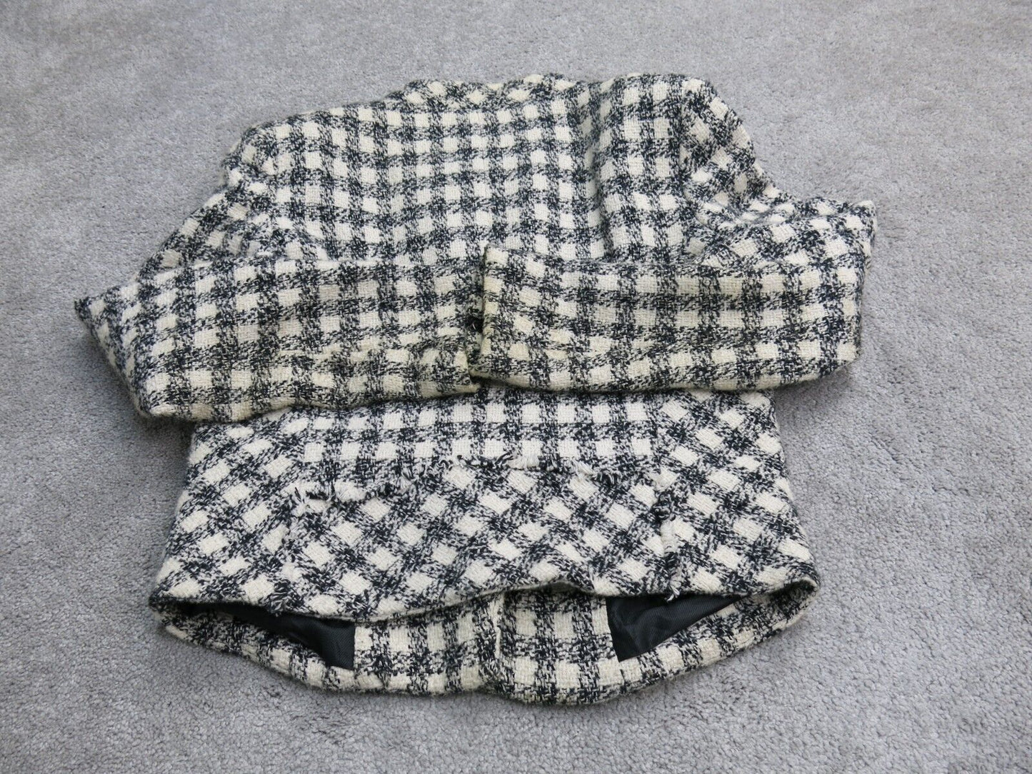 Zara Basic Womens Cropped Blazer Coat Check Long Sleeves Tweed Black White SZ XS