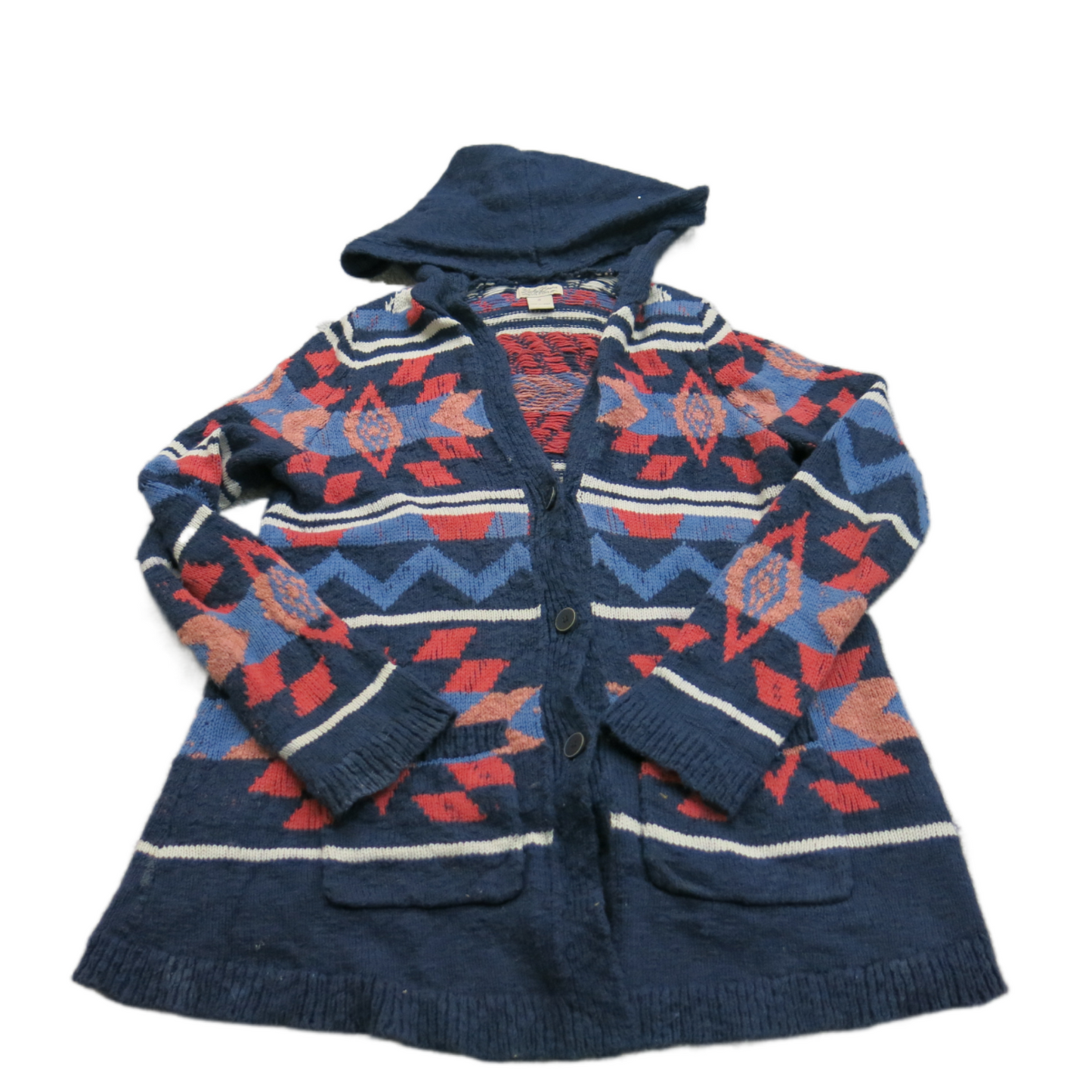 Lucky Brand Womens Cardigan Sweater Hooded Long Sleeve Pockets Blue Red Size S