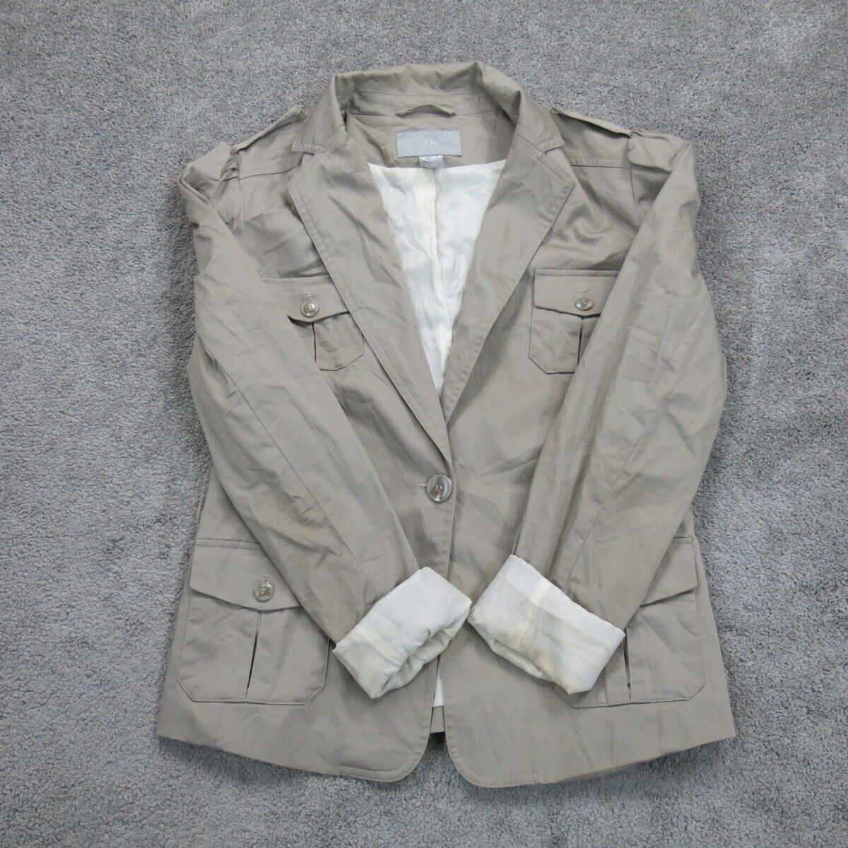 H&M Womens Blazer Coat Single Breasted Long Sleeves Pockets Light Beige Size 8