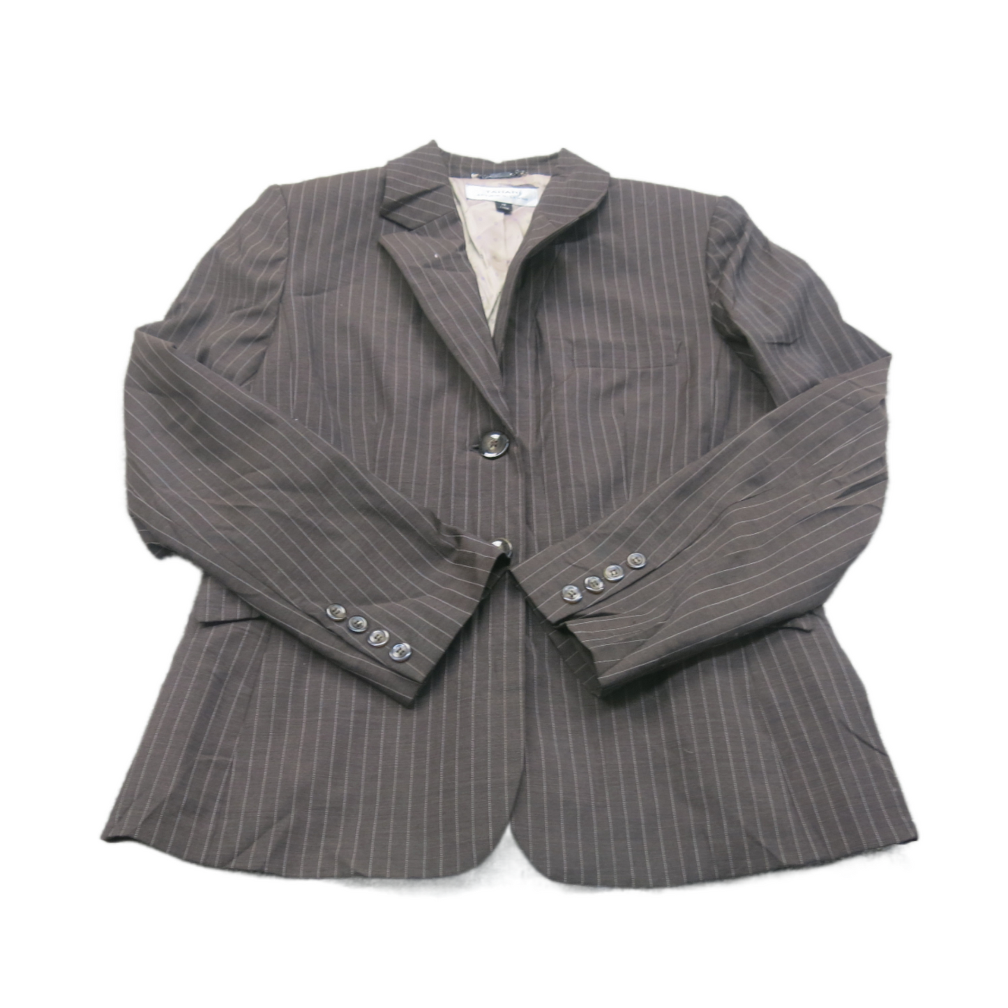 Tahari Women Blazer Coat Striped Single Breasted Long Sleeve Pocket Brown SZ 12