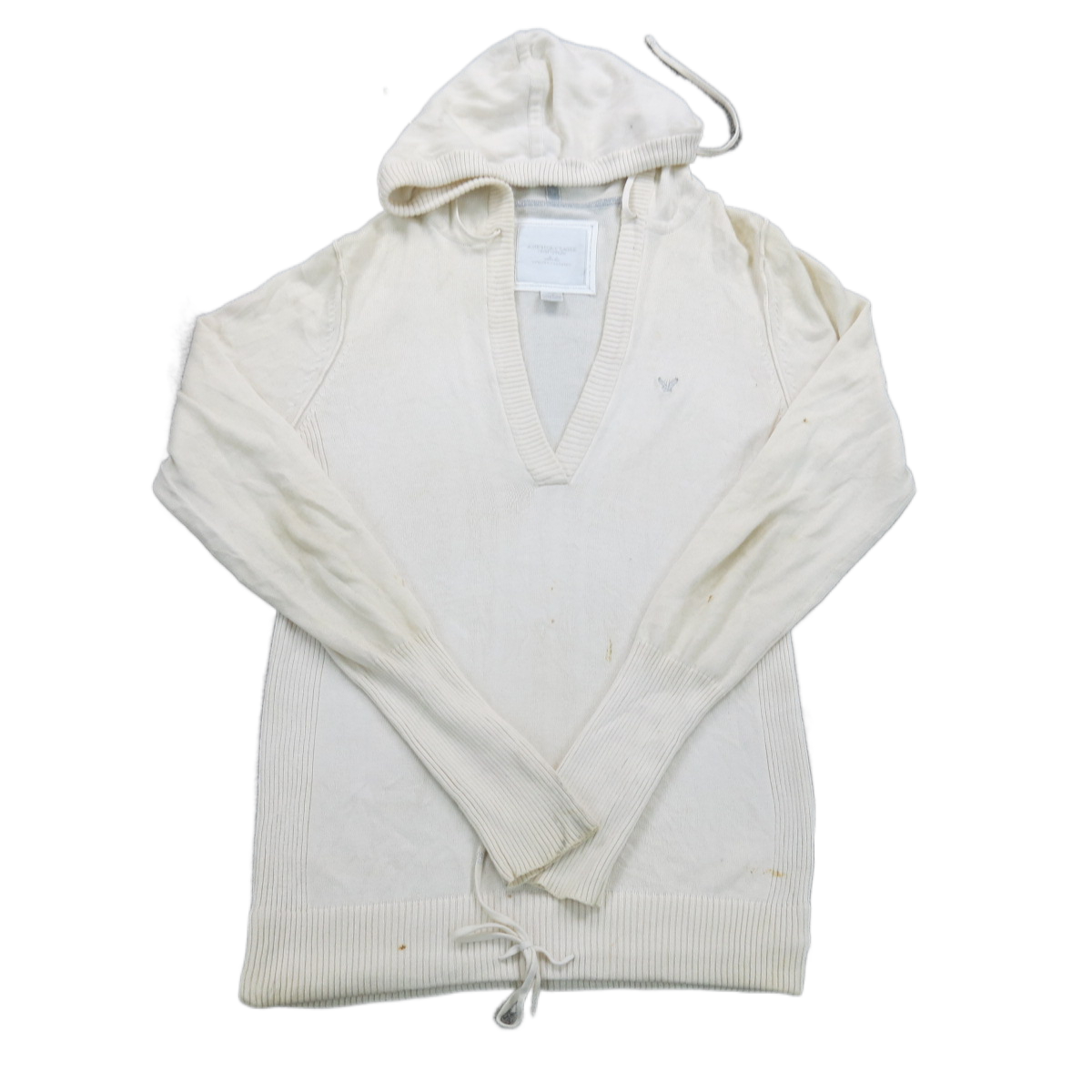American Eagle Womens Hoodie Sweater Knitted Long Sleeves V Neck Ivory Size L/G