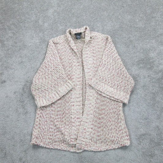 Ann Taylor Women Cardigan Sweater Knitted Open Front Long Sleeves White Red SZ S