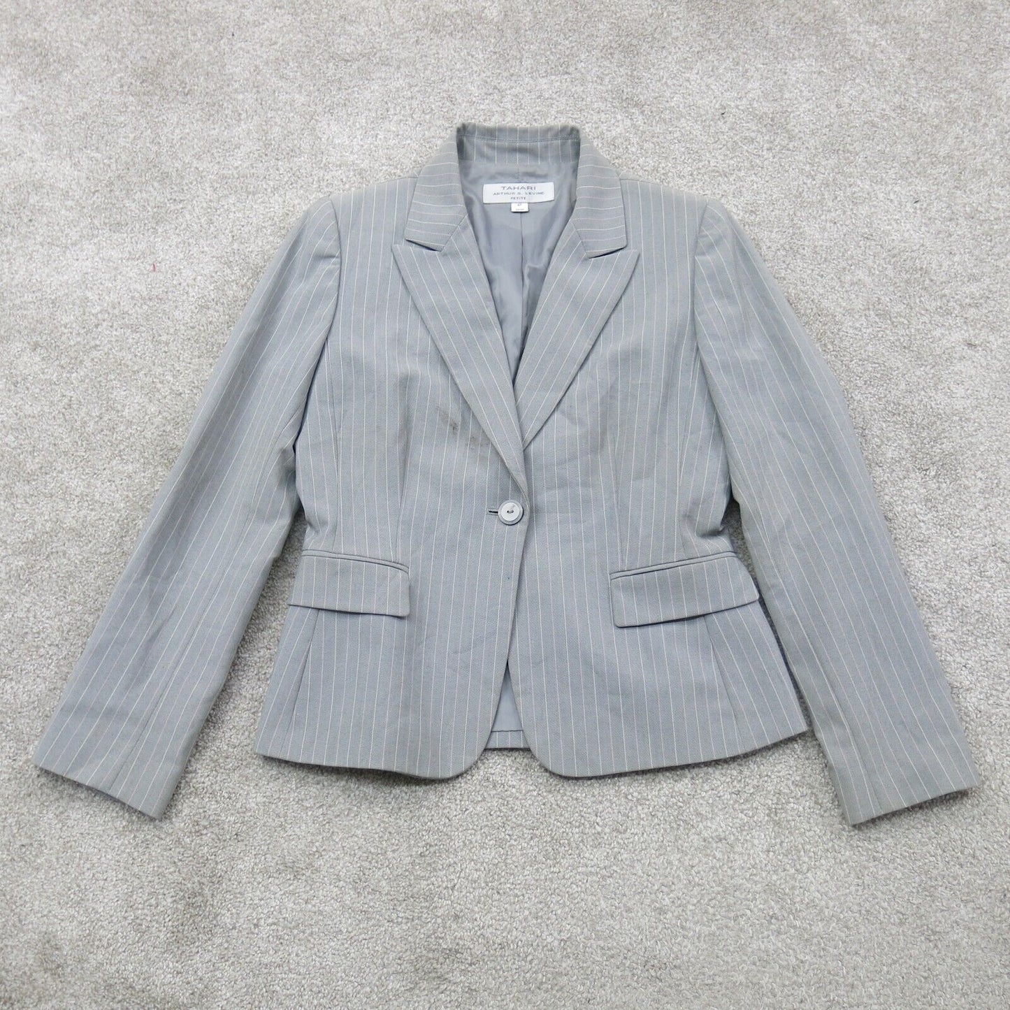 Tahari Womens Blazer Coat Striped Single Breasted Long Sleeves Pocket Gray SZ 4P
