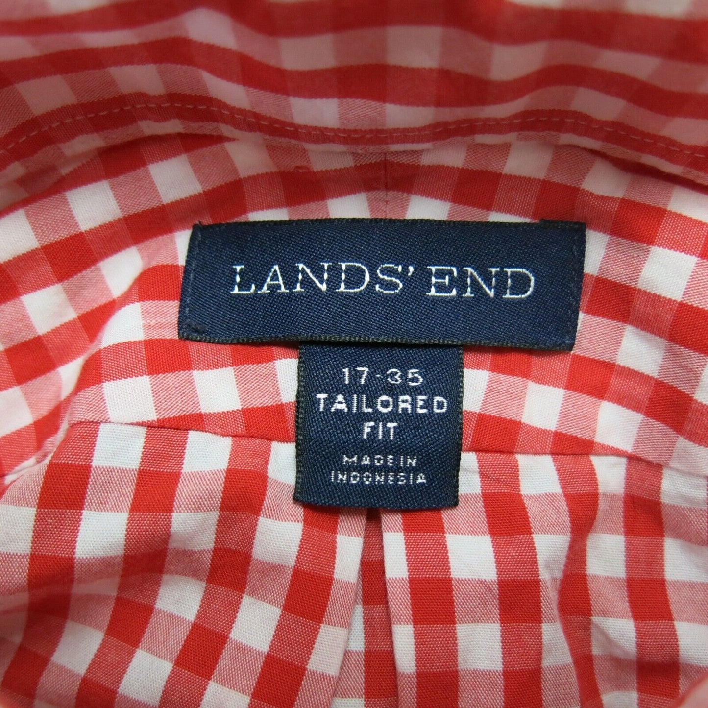 Lands End Mens Shirt Button Down Gingham Shirt Tailored Fit Red White Size 17-35