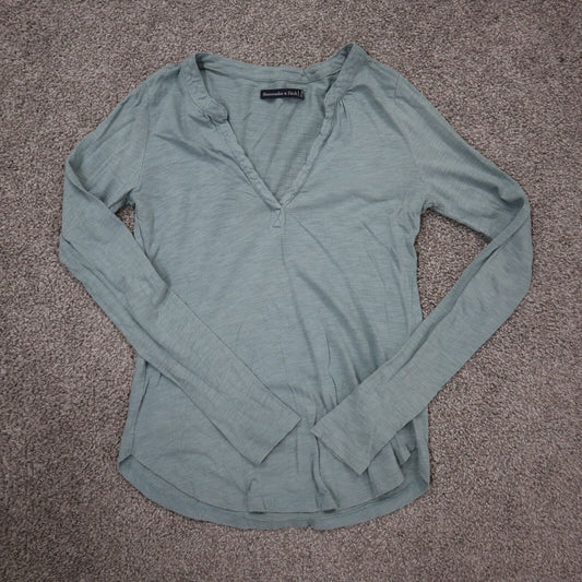 Abercrombie& Fitch Womens Blouse Top Deep V Neck Long Sleeve Slate Blue SZ XS